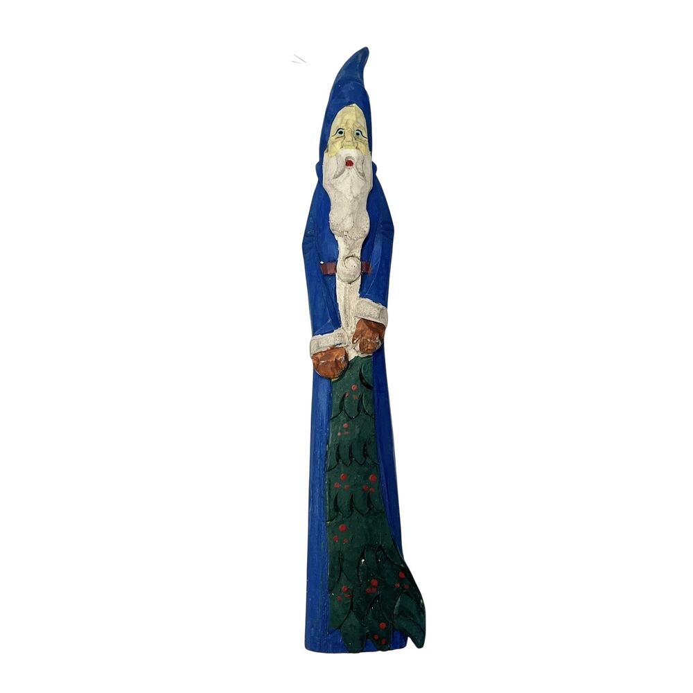Vtg Folk Art Pencil Santa Hand Carved Hand Painted Wood Figurine Ornament 8.25”
